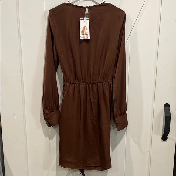 PRETTYGARDEN Women's Satin Brown Dress Long Sleeve Tie Waist Size Medium NWT - Picture 3 of 6